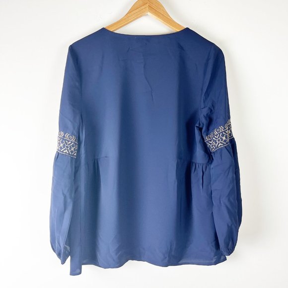 2/$30 Truly Poppy Navy & Gold Embroidered Blouse M - Picture 3 of 5